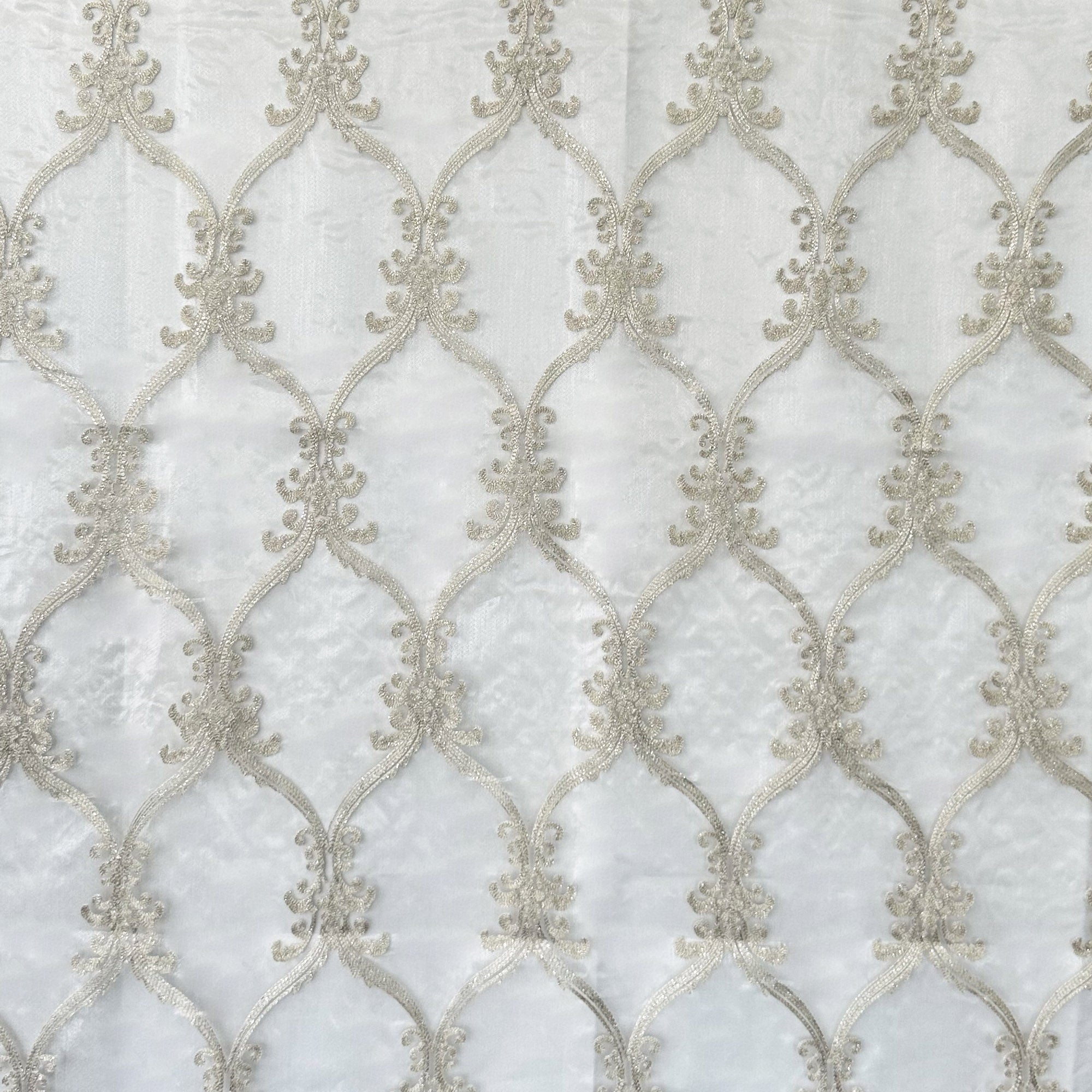 Broadway fabric in color White showcasing fabric metallic damask sheer drapery & curtain fabric.