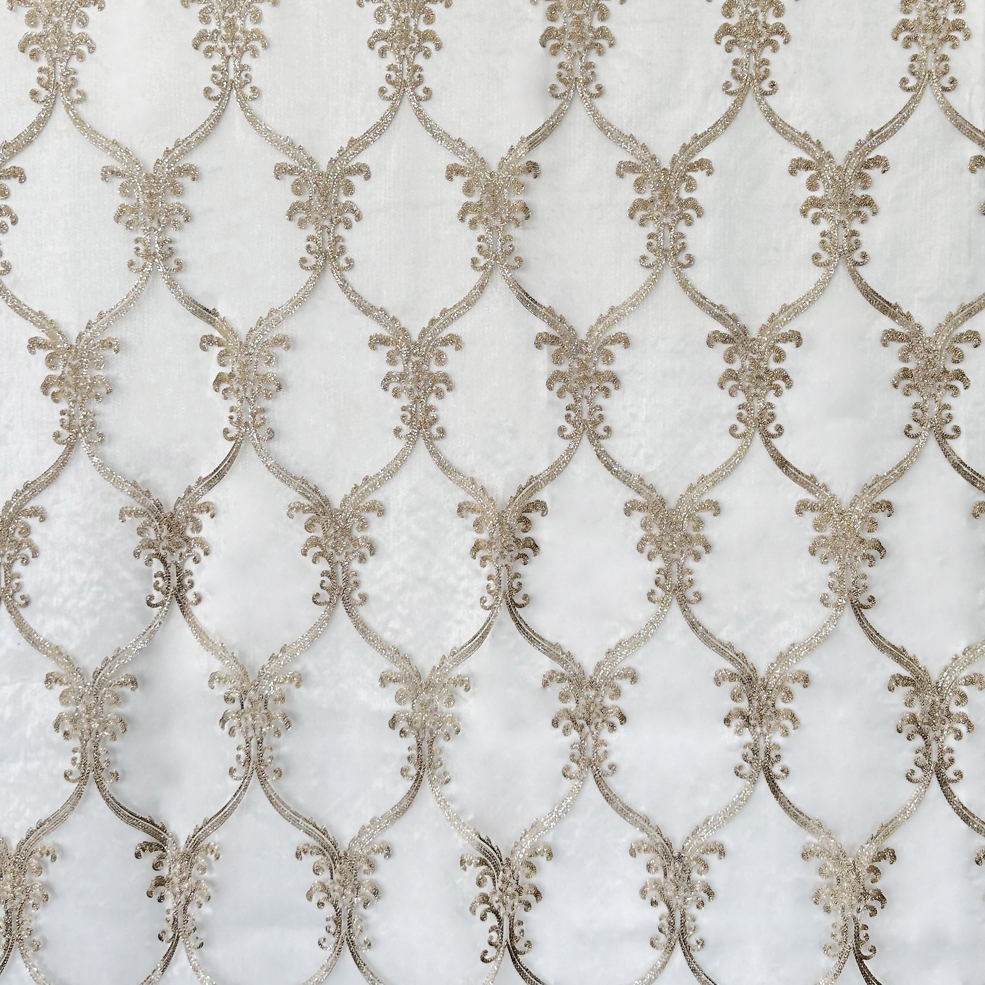 Broadway fabric in color Champagne showcasing fabric metallic damask sheer drapery & curtain fabric.