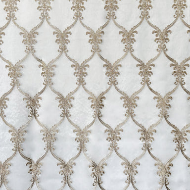 Broadway fabric in color Champagne showcasing fabric metallic damask sheer drapery & curtain fabric.