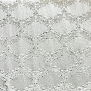 Diamond fabric in color White showcasing fabric embossed floral diamond shape upholstery fabric & drapery & curtain fabric.