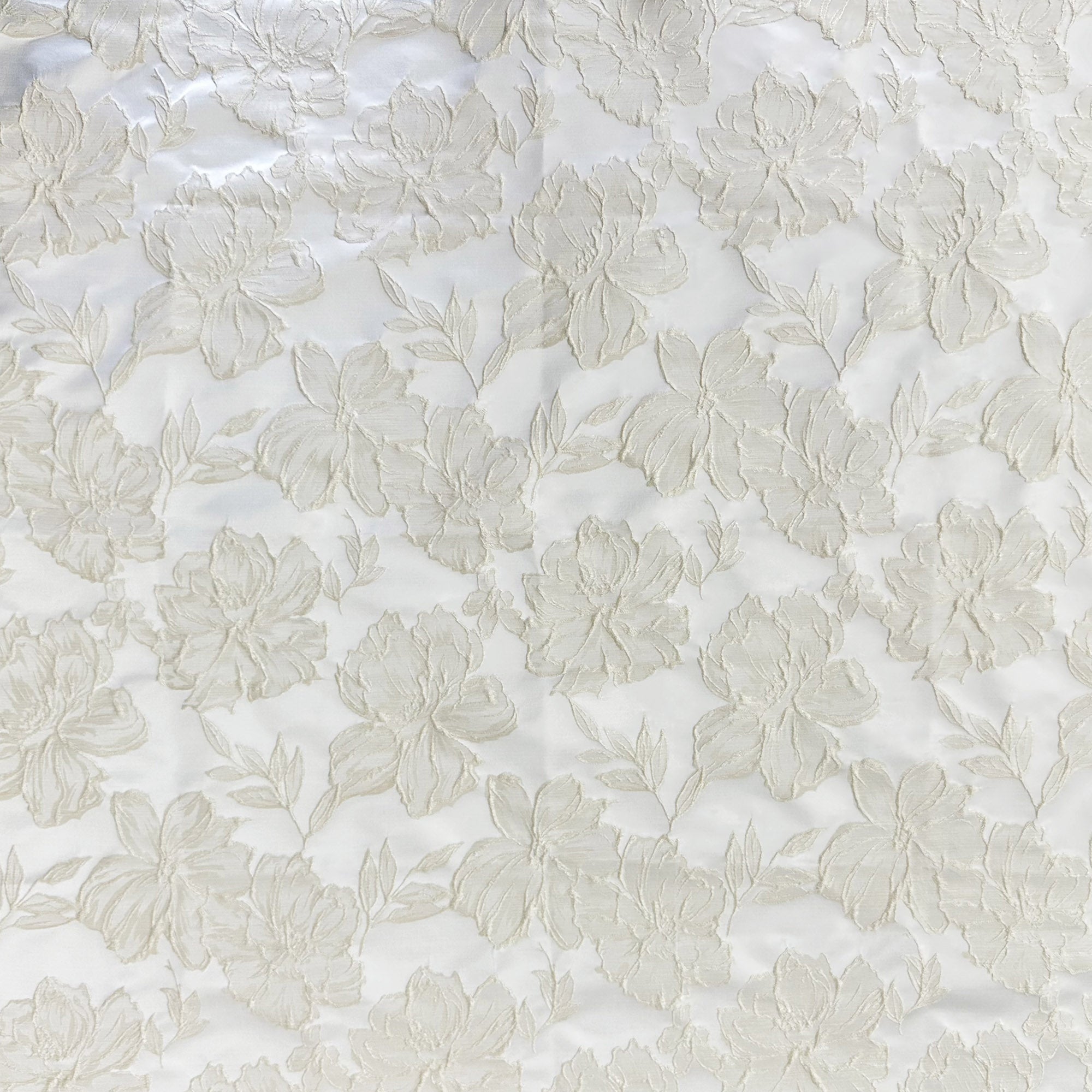Haiden fabric in color White showcasing fabric shiny floral jacquard drapery & curtain fabric.