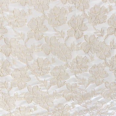 Haiden fabric in color Champagne showcasing fabric shiny floral jacquard drapery & curtain fabric.