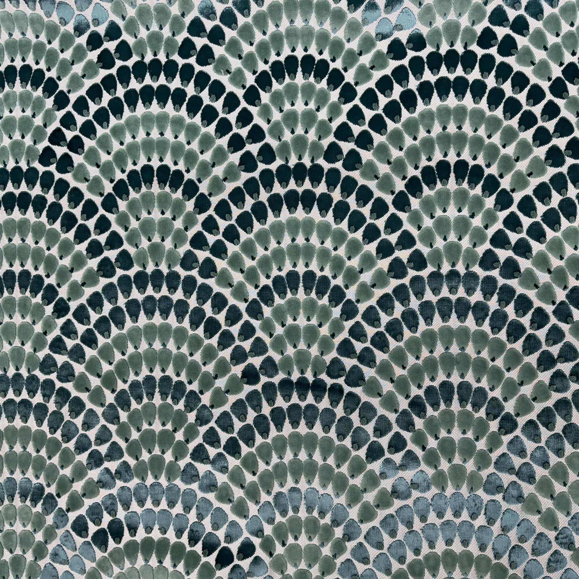 Lennix fabric in color Peacock showcasing fabric scallop multi-color cut velvet upholstery fabric.