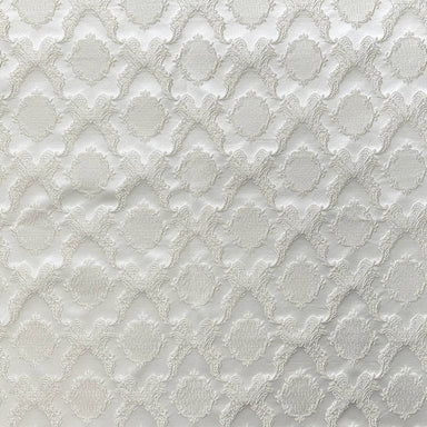 Magda fabric in color White showcasing fabric shiny diamond/round shaped damask embossed jacquard drapery & curtain fabric.