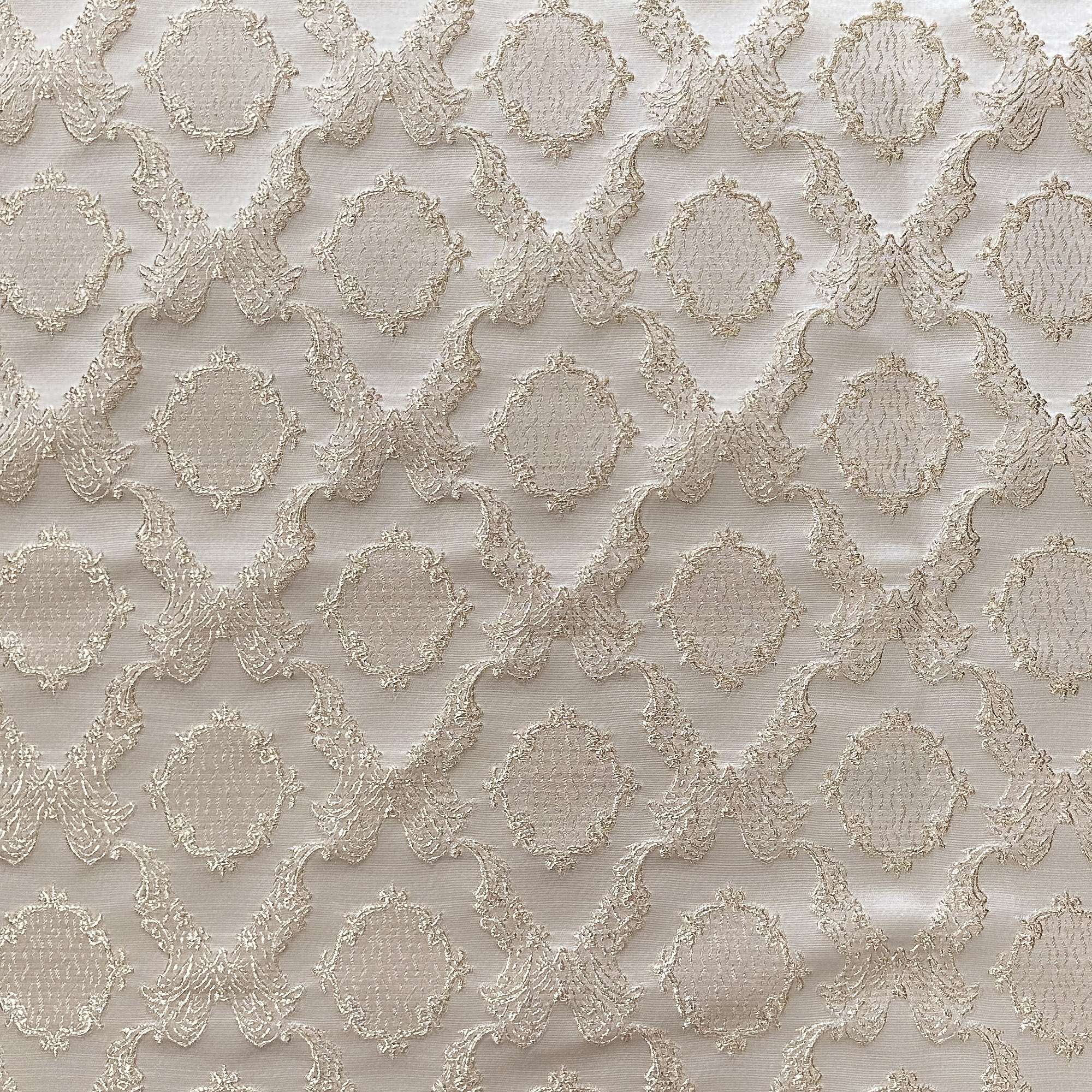Magda fabric in color Champagne showcasing fabric shiny diamond/round shaped damask embossed jacquard drapery & curtain fabric.