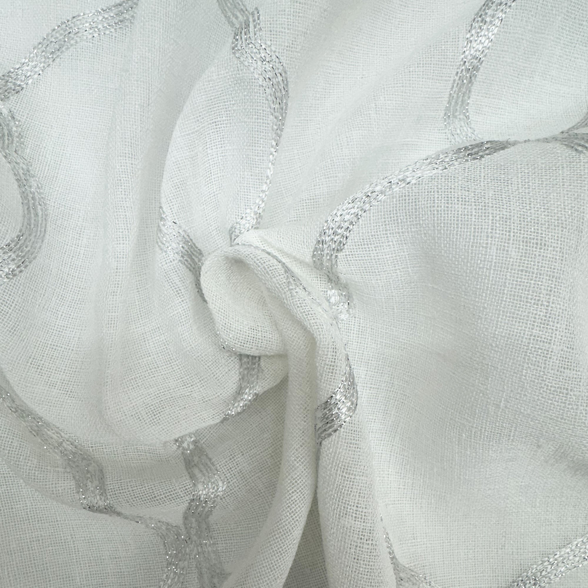 Merano fabric in color White/Metallic showcasing fabric embroidered metallic sheer drapery & curtain fabric.