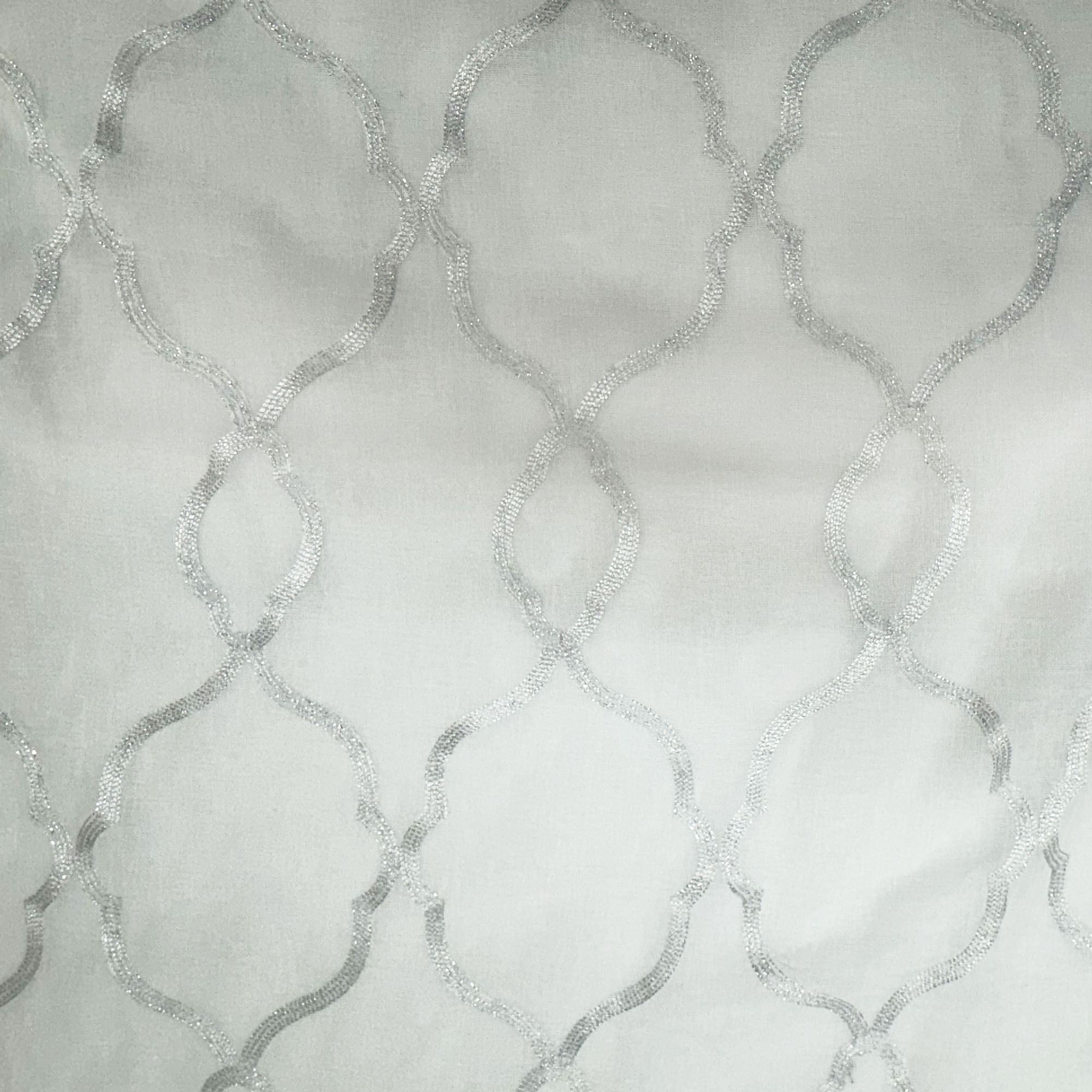 Merano fabric in color White/Metallic showcasing fabric embroidered metallic sheer drapery & curtain fabric.