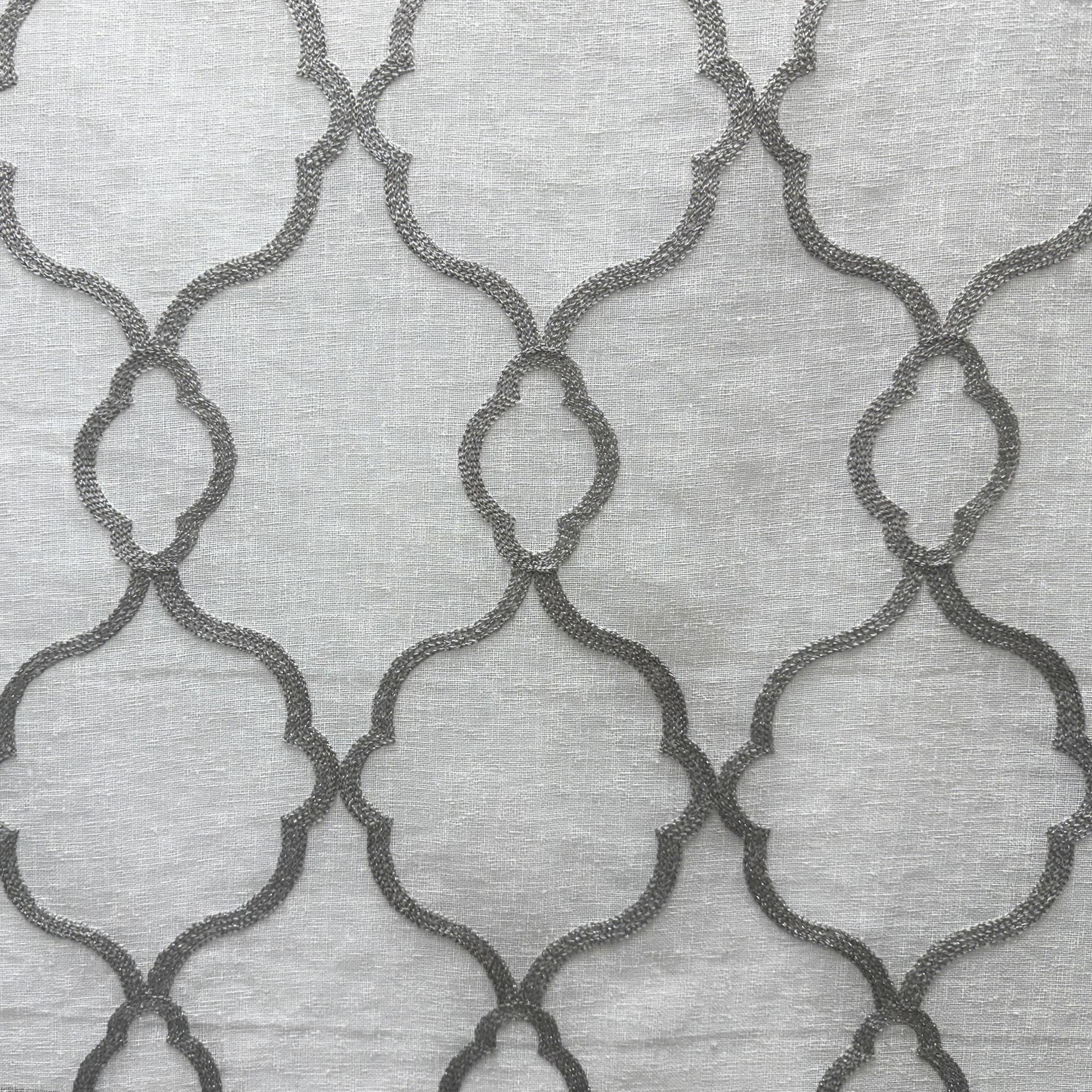 Merano fabric in color Gray/Metallic showcasing fabric embroidered metallic sheer drapery & curtain fabric.