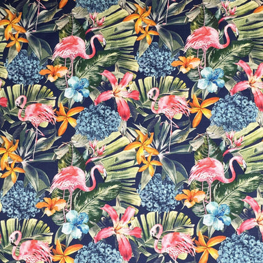 Eden fabric in color Multi showcasing fabric outdoor floral flamingo fabric upholstery fabric.