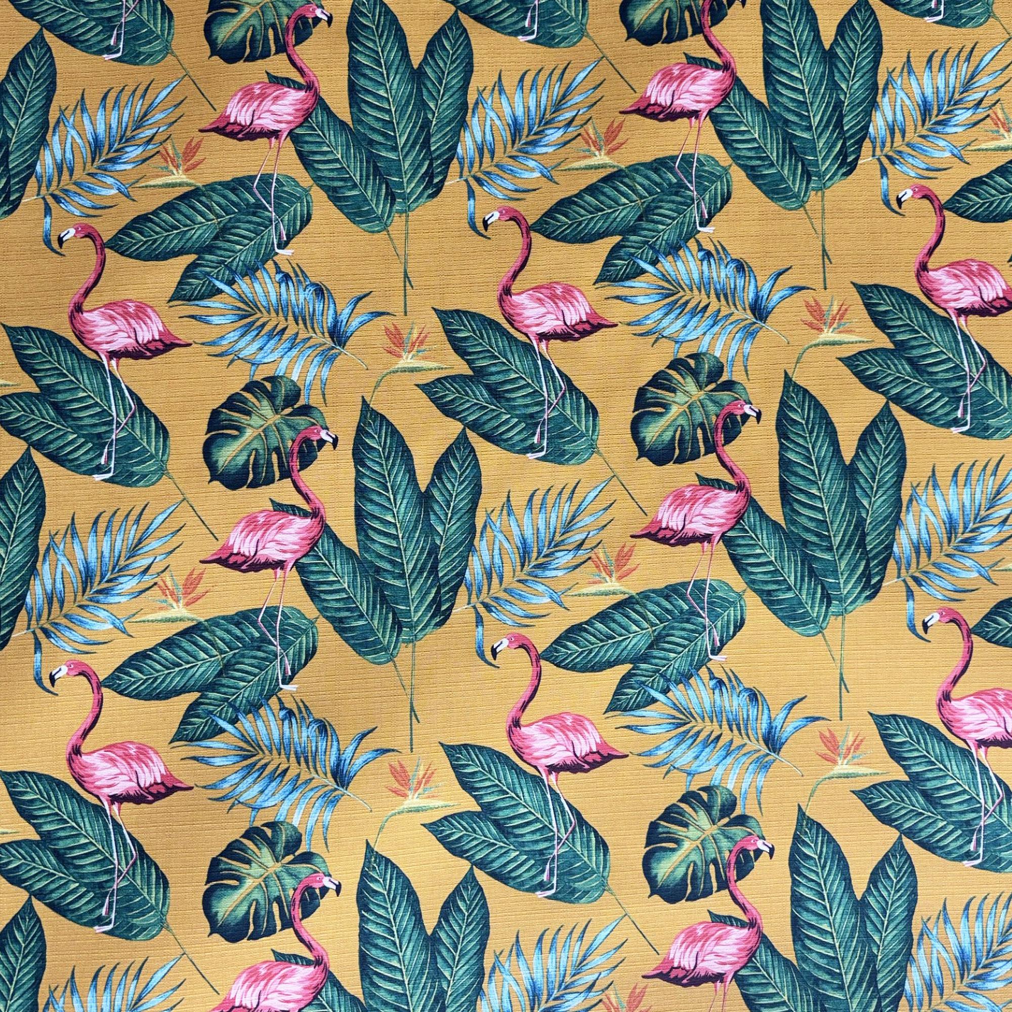 Fleming fabric in color Multi showcasing fabric outdoor floral flamingo fabric upholstery fabric.