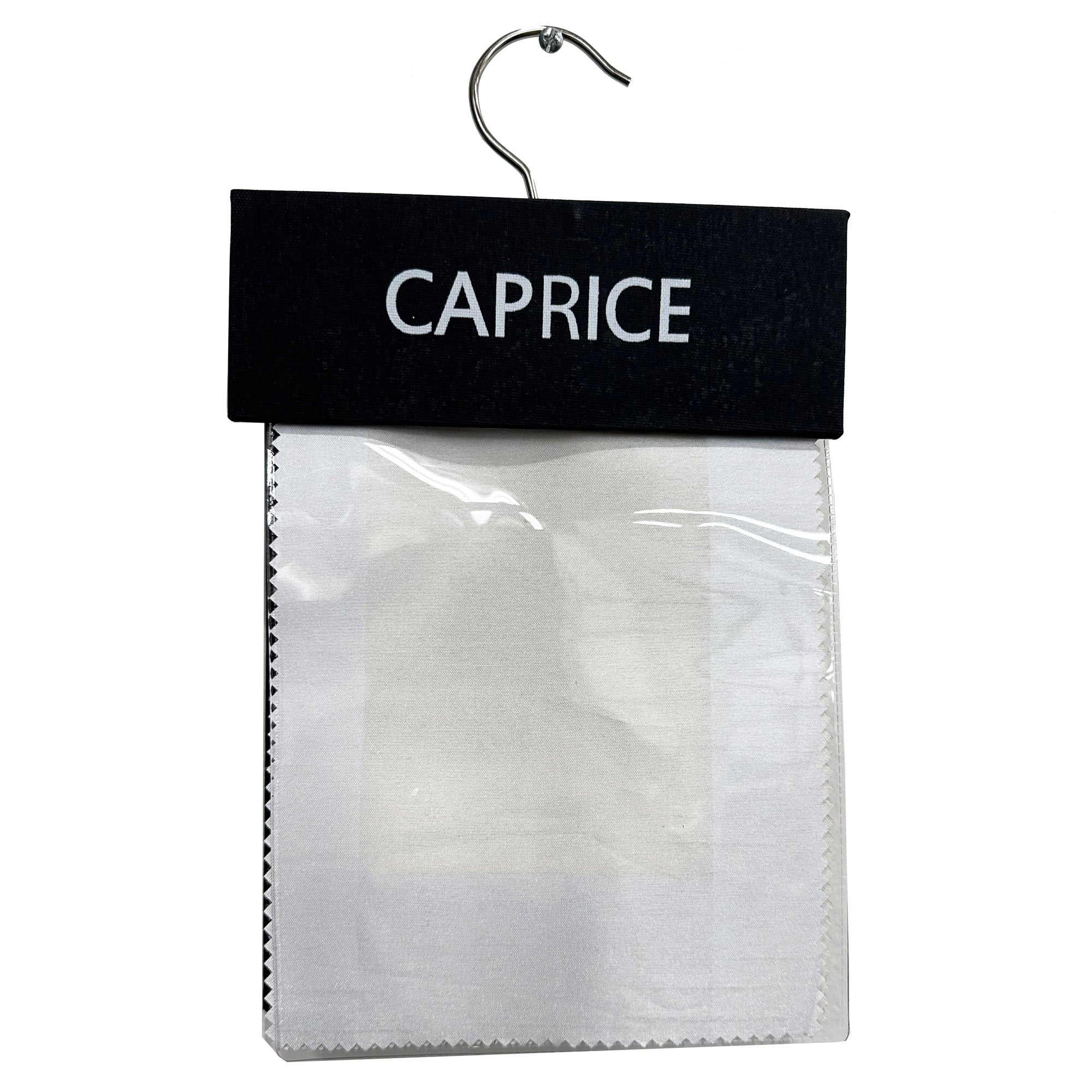A sample piece of Caprice Solid Faux Silk fabric displayed on a hanger against a white background, with the brand name 'CAPRICE' printed at the top.