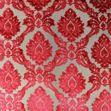 Alessandra fabric in color Red showcasing fabric damask cut velvet upholstery fabric & drapery & curtain fabric.