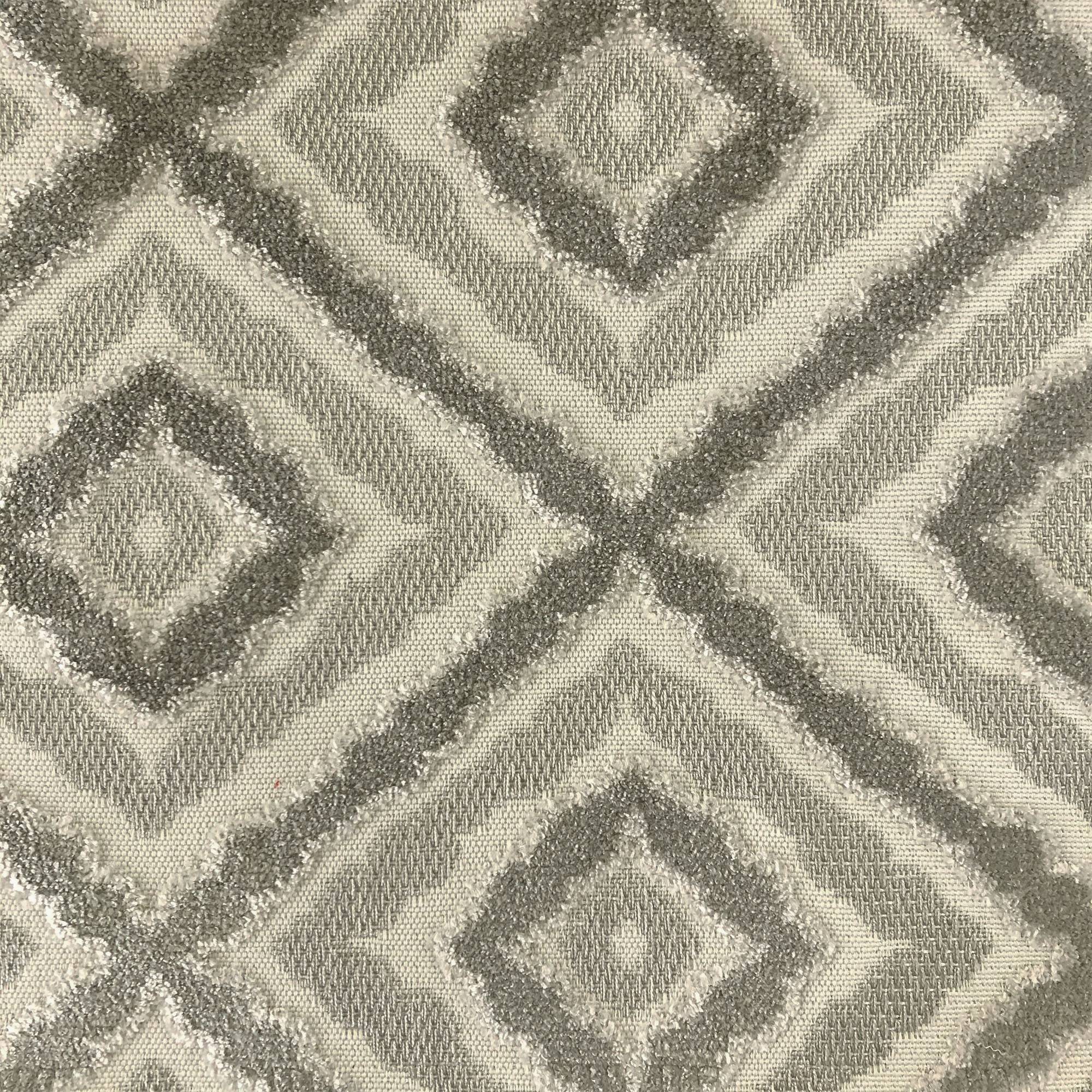 Brandis fabric in color Pewter showcasing fabric diamond jacquard velvet on linen look upholstery fabric.