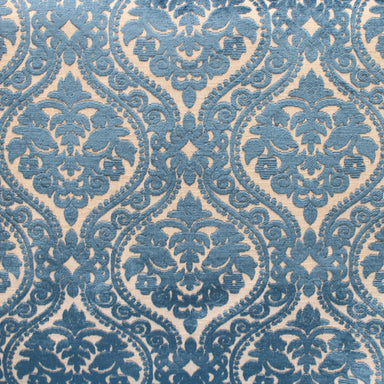 Catrina fabric in color Royal showcasing fabric damask cut velvet on linen look upholstery fabric & drapery & curtain fabric.