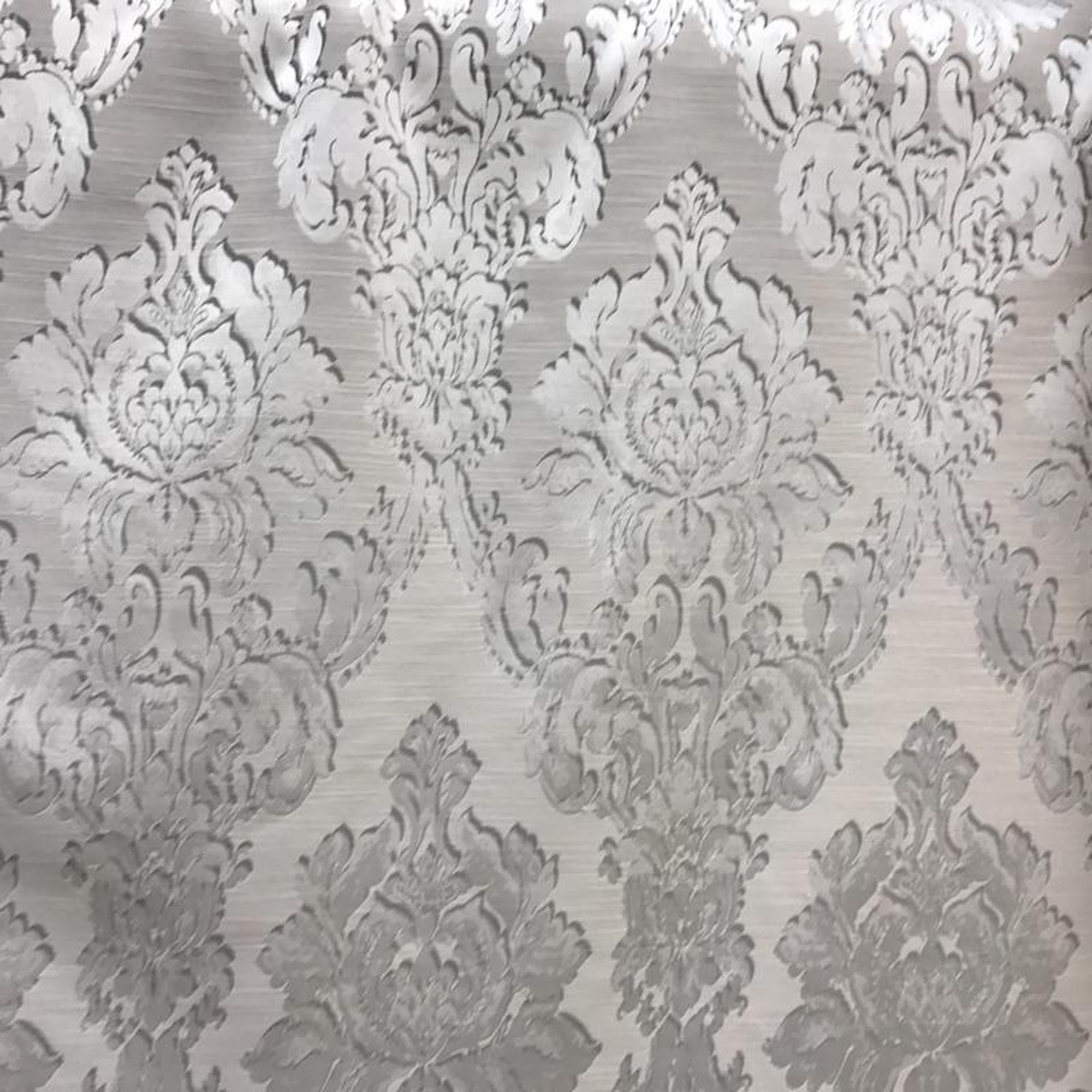 Chandler fabric in color Silver showcasing fabric shiny damask drapery & curtain fabric.