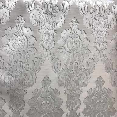 Chandler fabric in color Silver showcasing fabric shiny damask drapery & curtain fabric.
