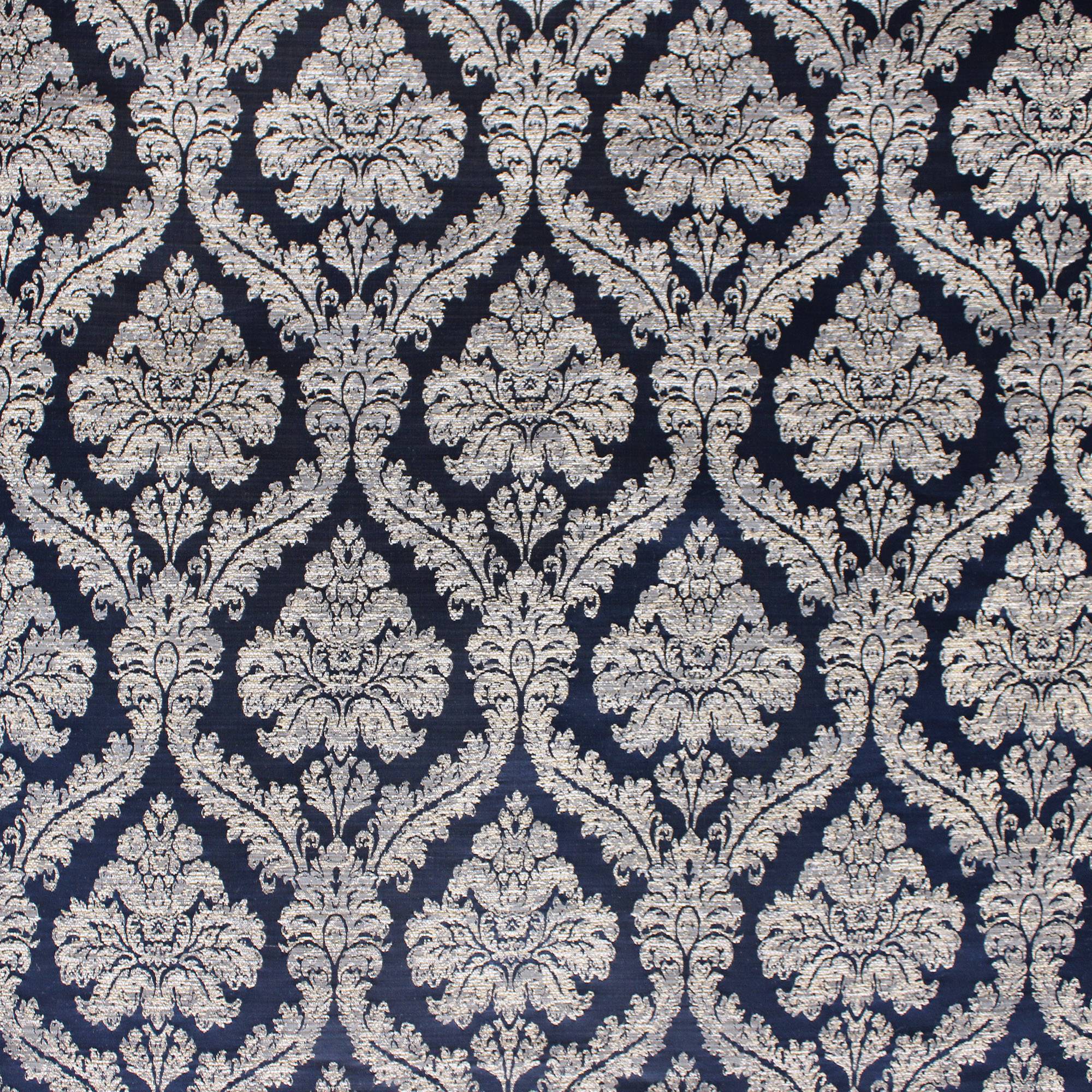Delano fabric in color Navy showcasing fabric traditional damask drapery & curtain fabric & table linen fabric.