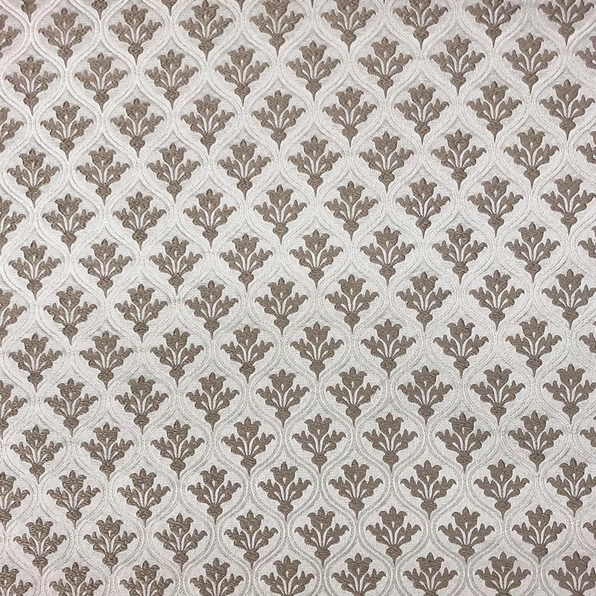 Dominic fabric in color Mocha showcasing fabric two tone floral jacquard drapery & curtain fabric.