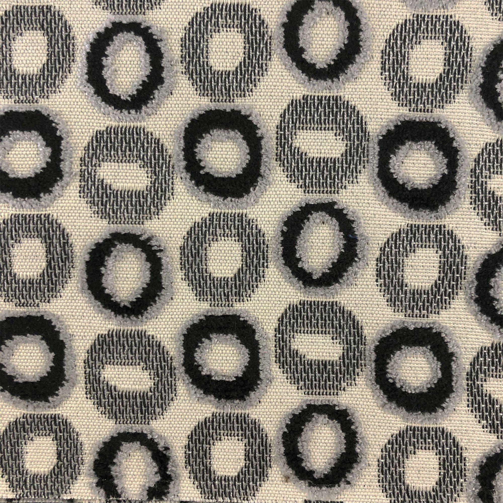 Edina fabric in color Ebony showcasing fabric circular jacquard velvet on linen look upholstery fabric.
