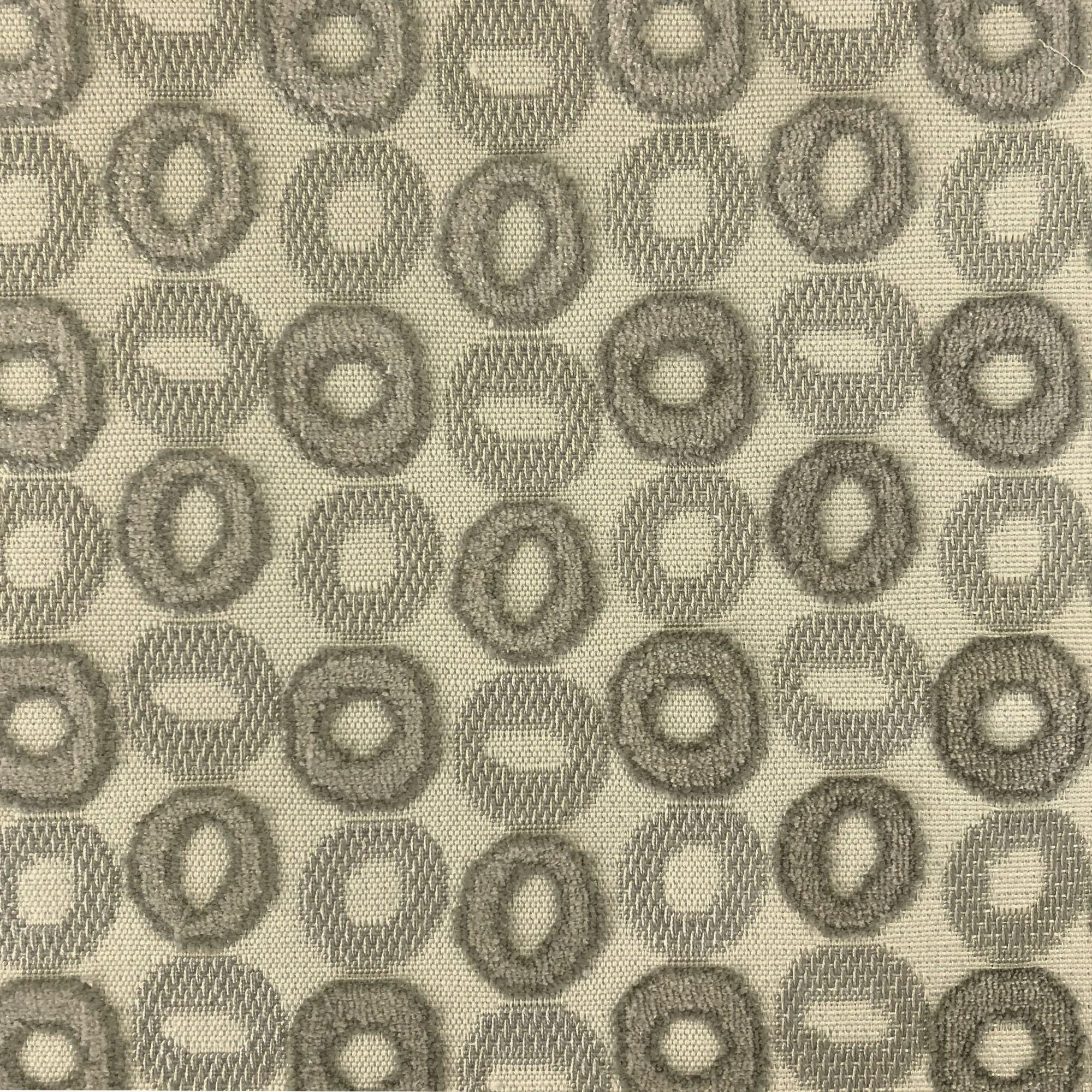 Edina fabric in color Pewter showcasing fabric circular jacquard velvet on linen look upholstery fabric.