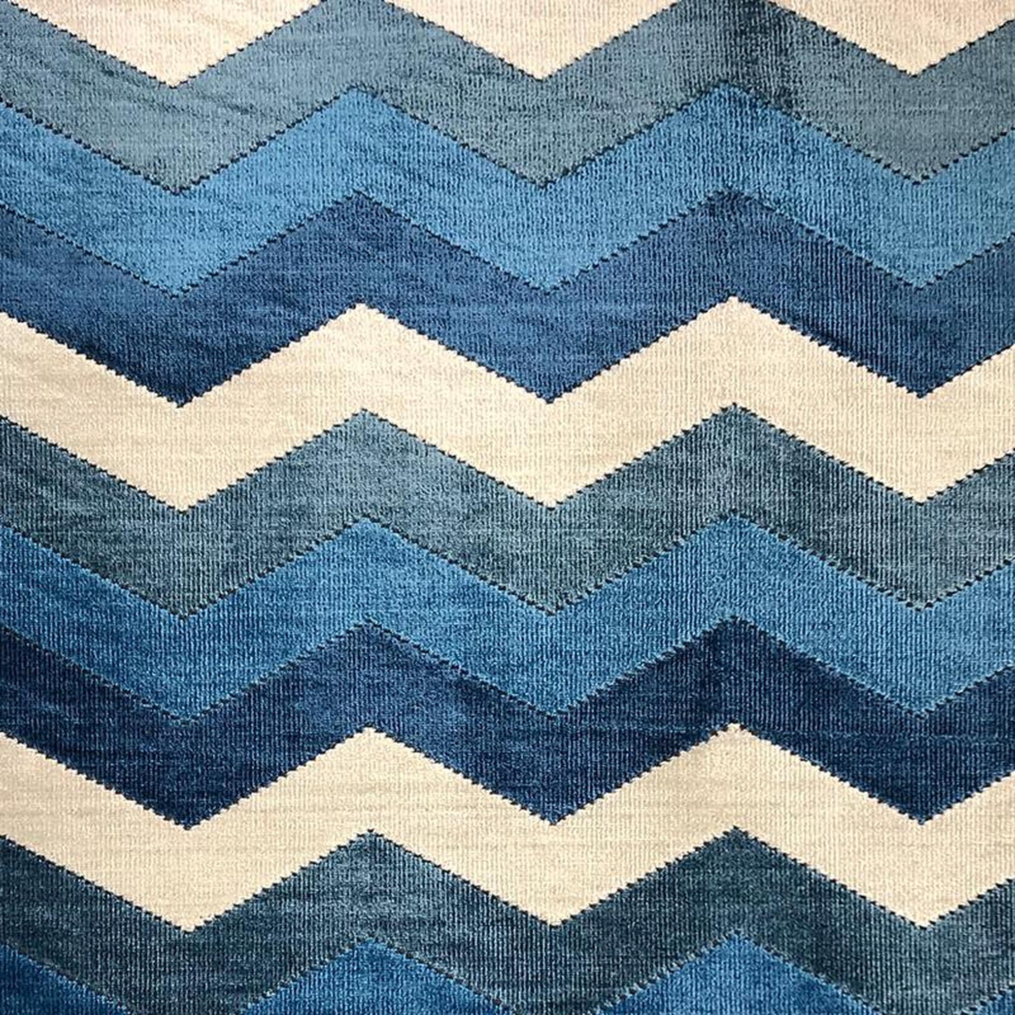 Fabiana fabric in color Ocean showcasing fabric zig-zag chevron cut velvet upholstery fabric.