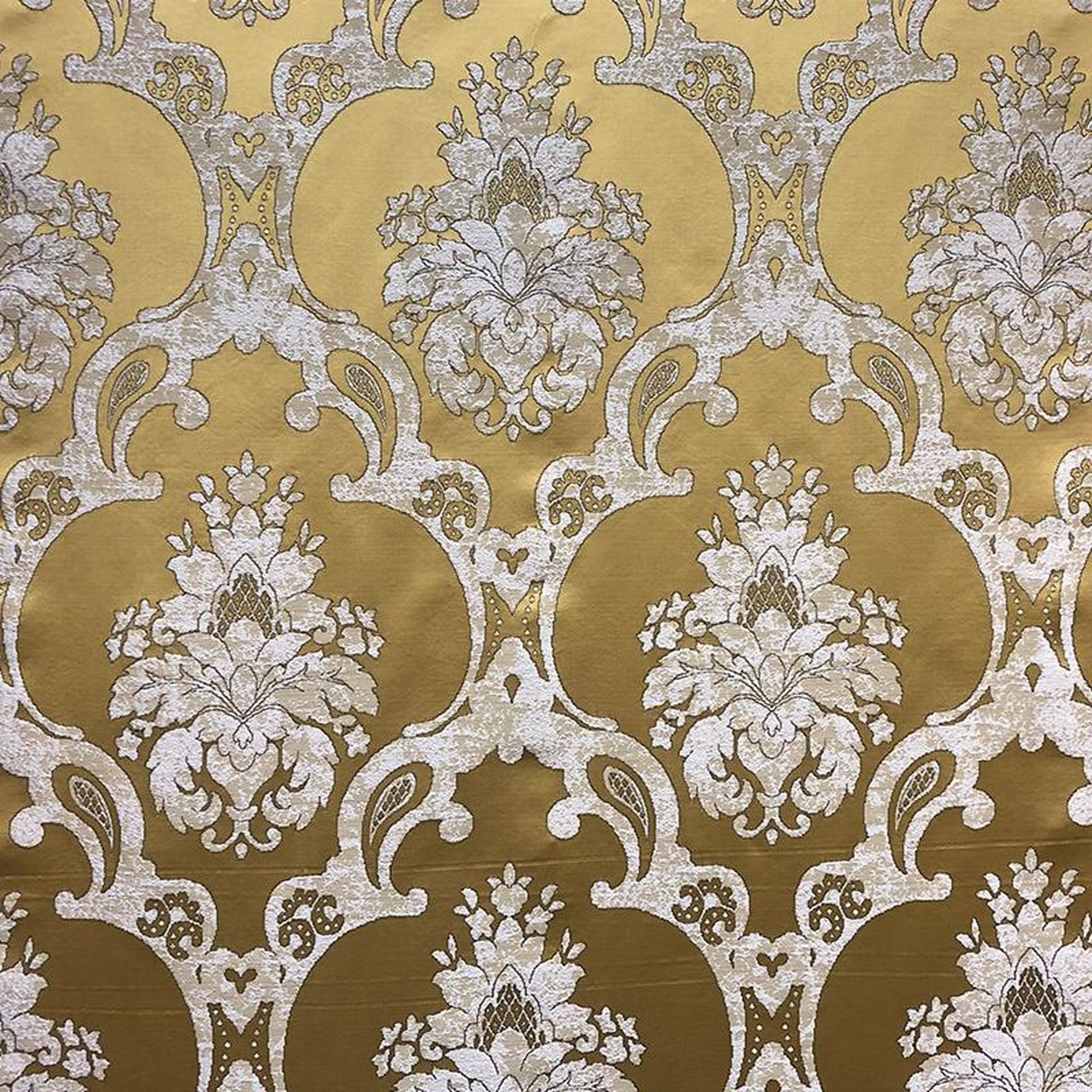 Katherine fabric in color Gold showcasing fabric textured damask faux silk drapery & curtain fabric & table linen fabric.