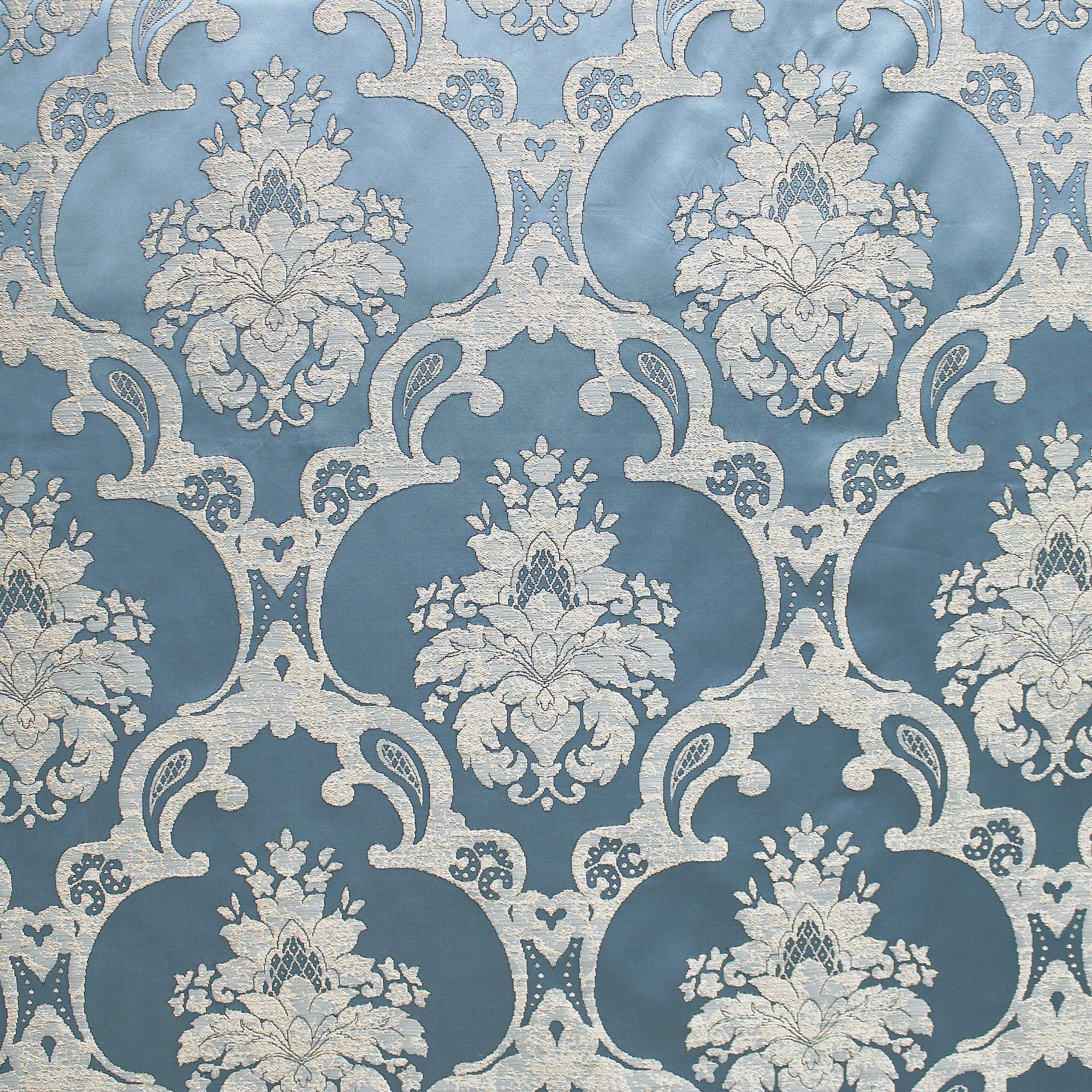 Katherine fabric in color Ocean showcasing fabric textured damask faux silk drapery & curtain fabric & table linen fabric.