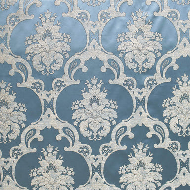 Katherine fabric in color Ocean showcasing fabric textured damask faux silk drapery & curtain fabric & table linen fabric.