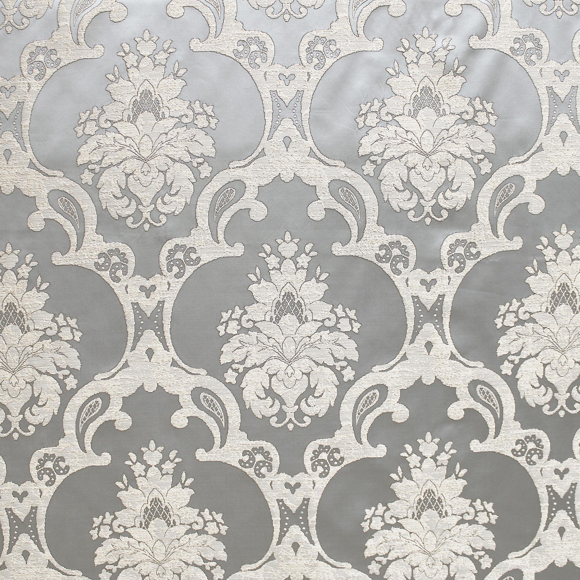 Katherine fabric in color Silver showcasing fabric textured damask faux silk drapery & curtain fabric & table linen fabric.