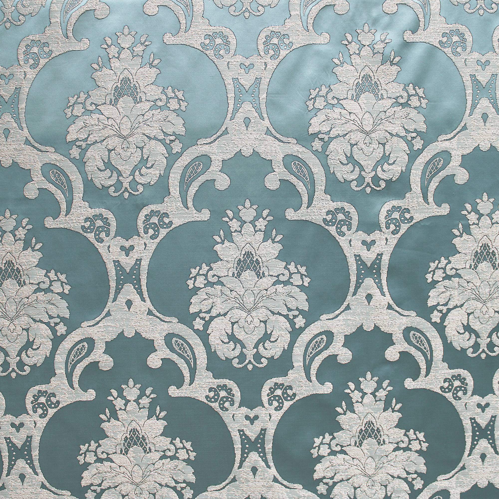 Katherine fabric in color Sky showcasing fabric textured damask faux silk drapery & curtain fabric & table linen fabric.