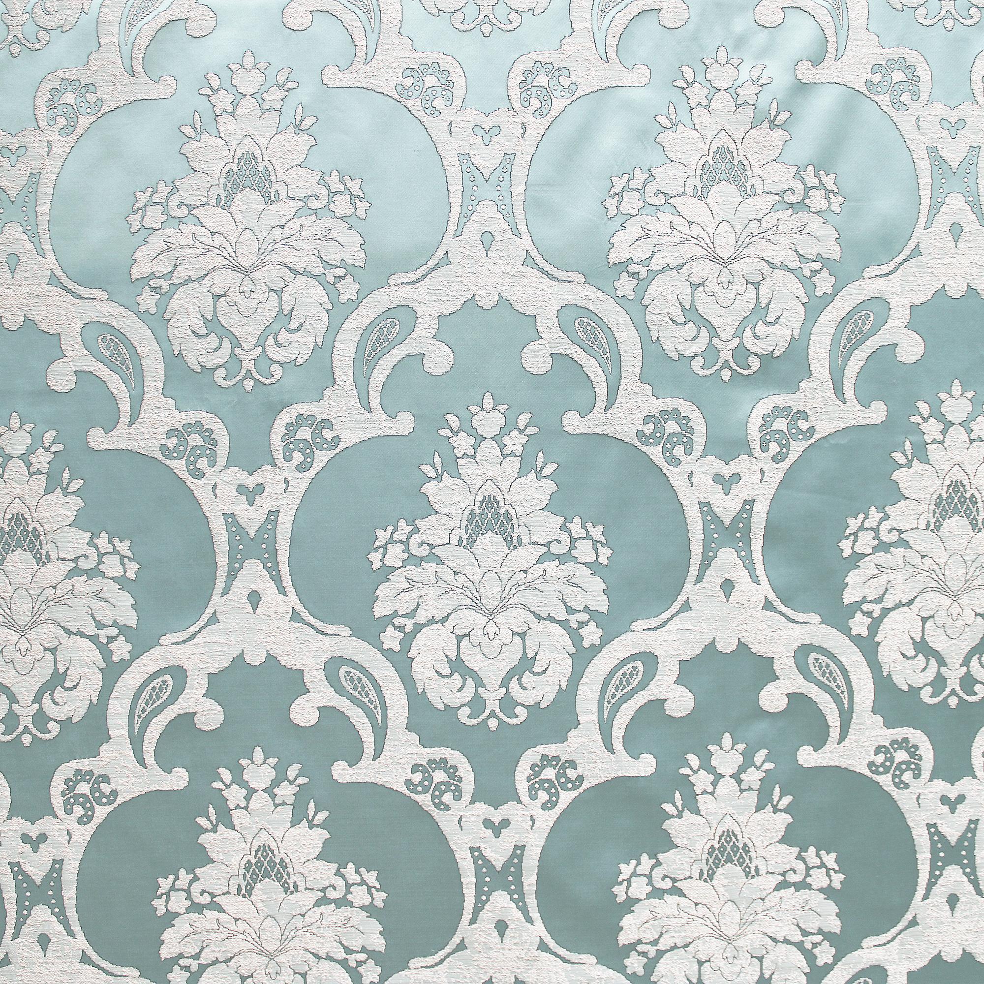 Katherine fabric in color Teal showcasing fabric textured damask faux silk drapery & curtain fabric & table linen fabric.