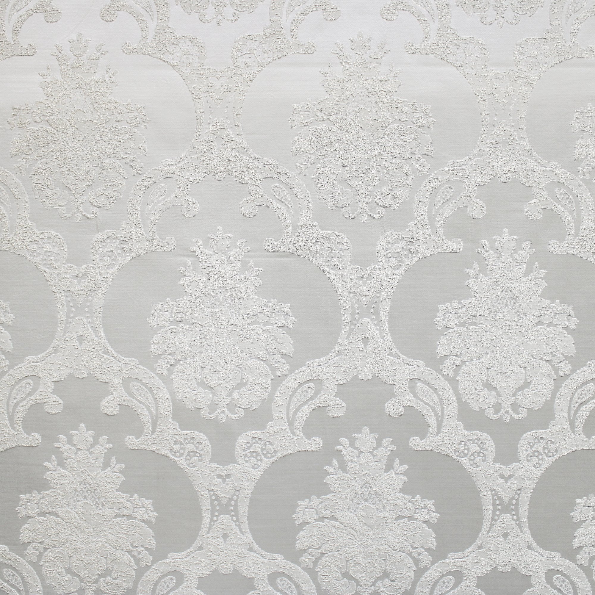 Katherine fabric in color White showcasing fabric textured damask faux silk drapery & curtain fabric & table linen fabric.