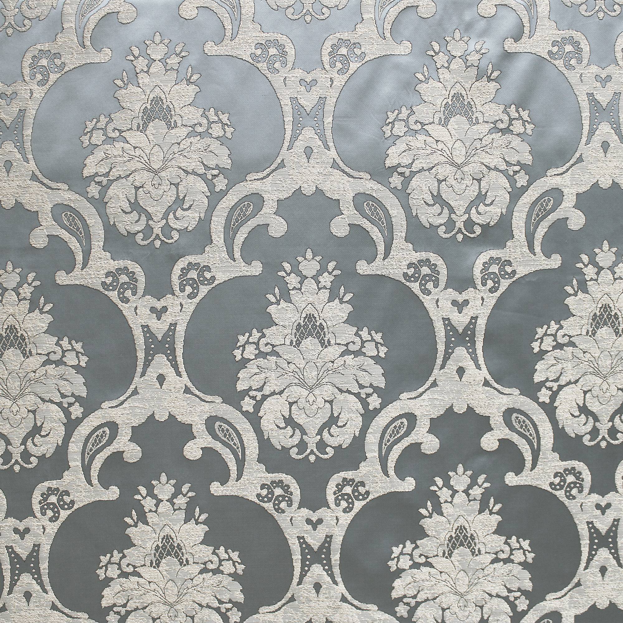 Katherine fabric in color Gray showcasing fabric textured damask faux silk drapery & curtain fabric & table linen fabric.