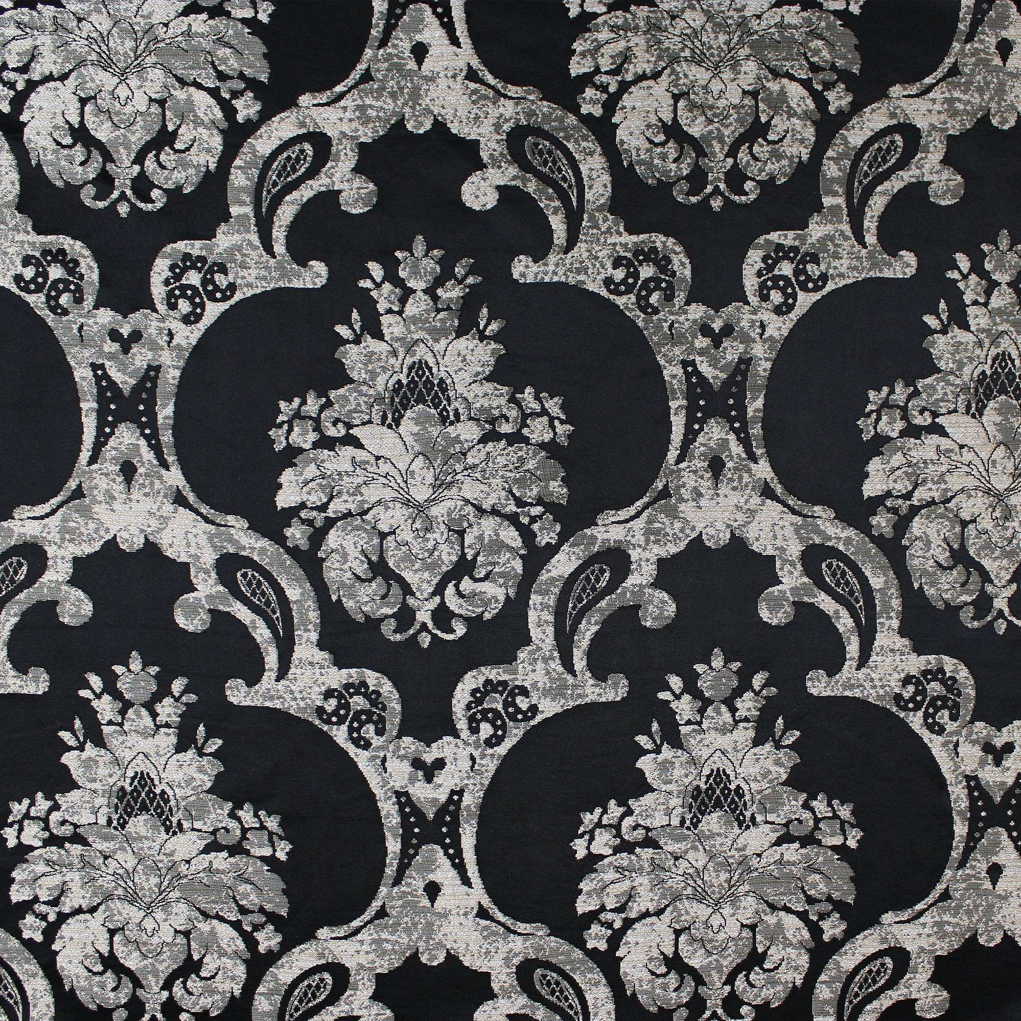 Katherine fabric in color Black showcasing fabric textured damask faux silk drapery & curtain fabric & table linen fabric.