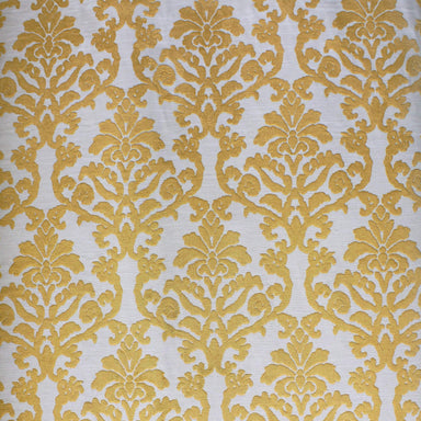 Kiana fabric in color Tangerine showcasing fabric damask cut velvet on linen look upholstery fabric.