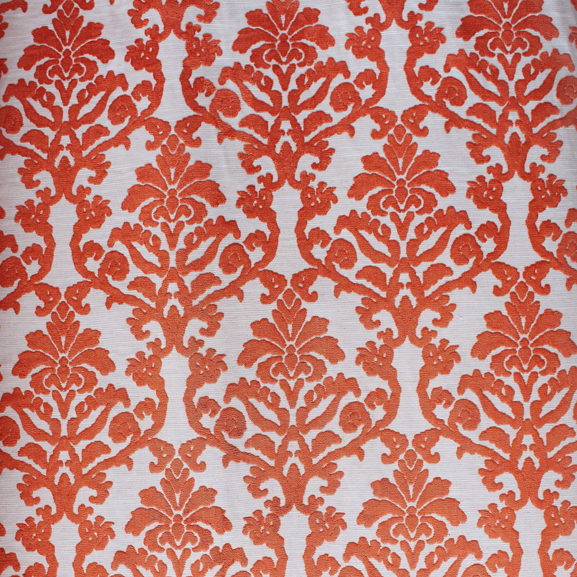 Kiana fabric in color Coral showcasing fabric damask cut velvet on linen look upholstery fabric.