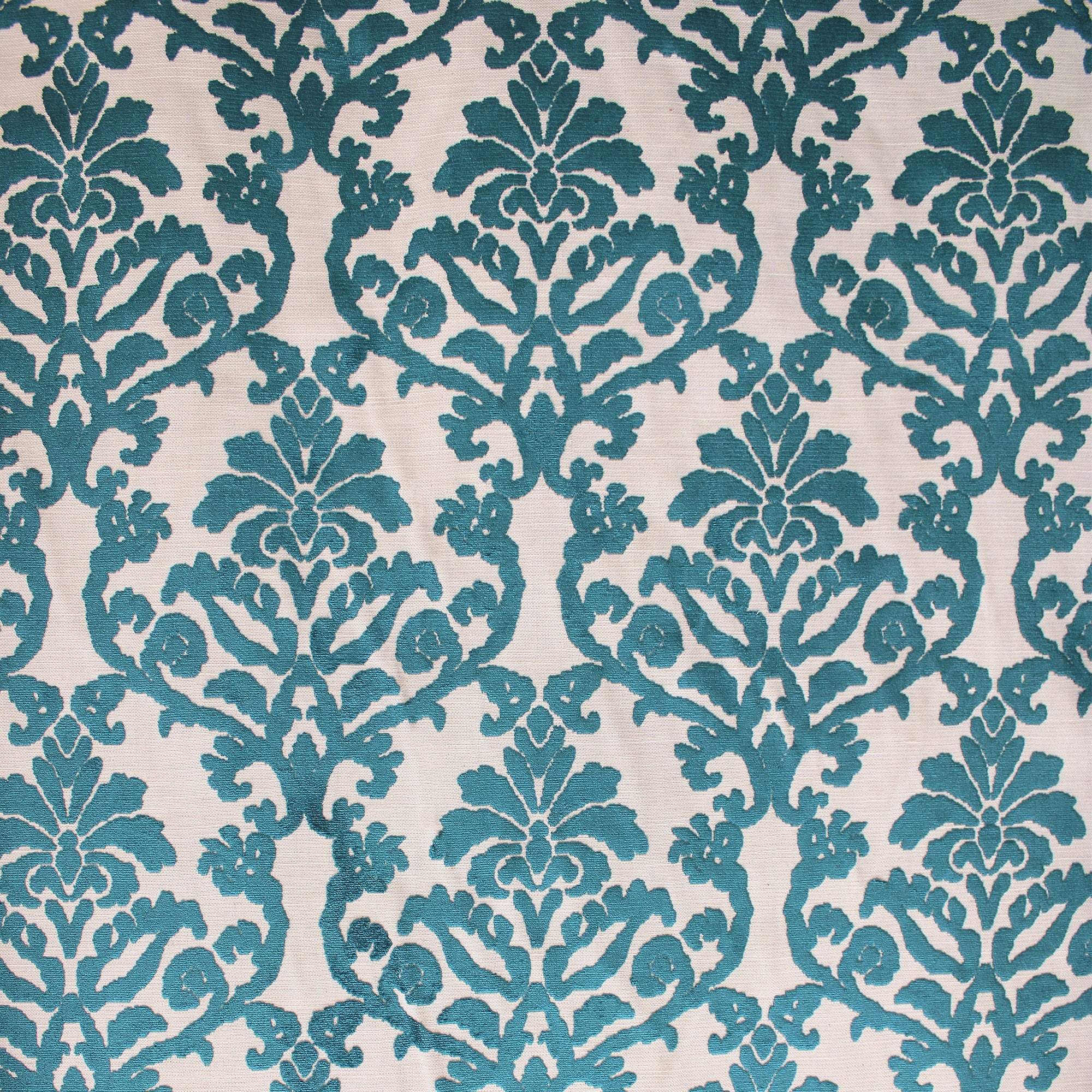 Kiana fabric in color Cerulean showcasing fabric damask cut velvet on linen look upholstery fabric.