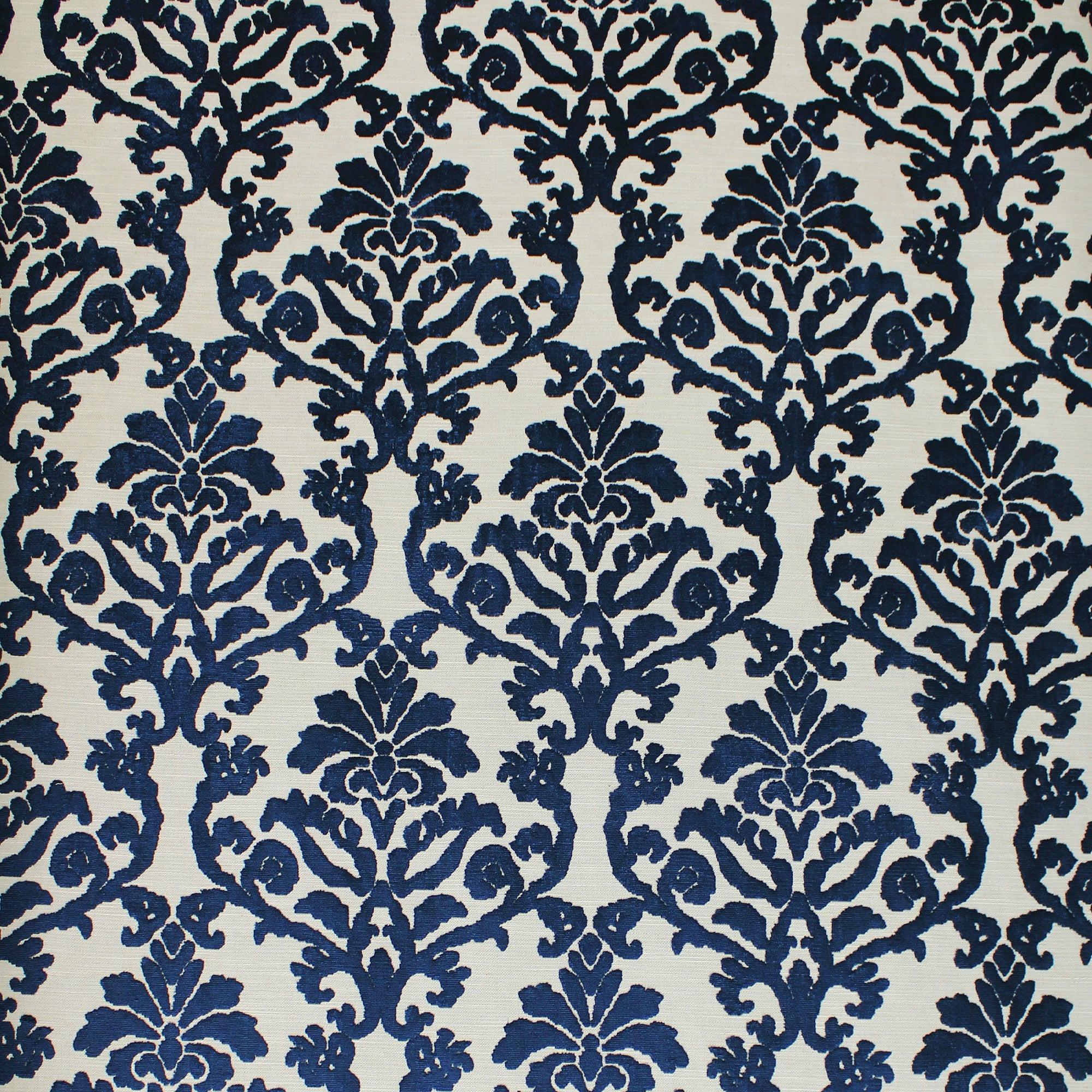 Kiana fabric in color Navy showcasing fabric damask cut velvet on linen look upholstery fabric.