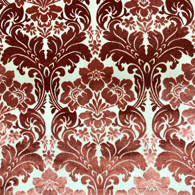 Marsel fabric in color Coral showcasing fabric damask floral cut velvet upholstery fabric.