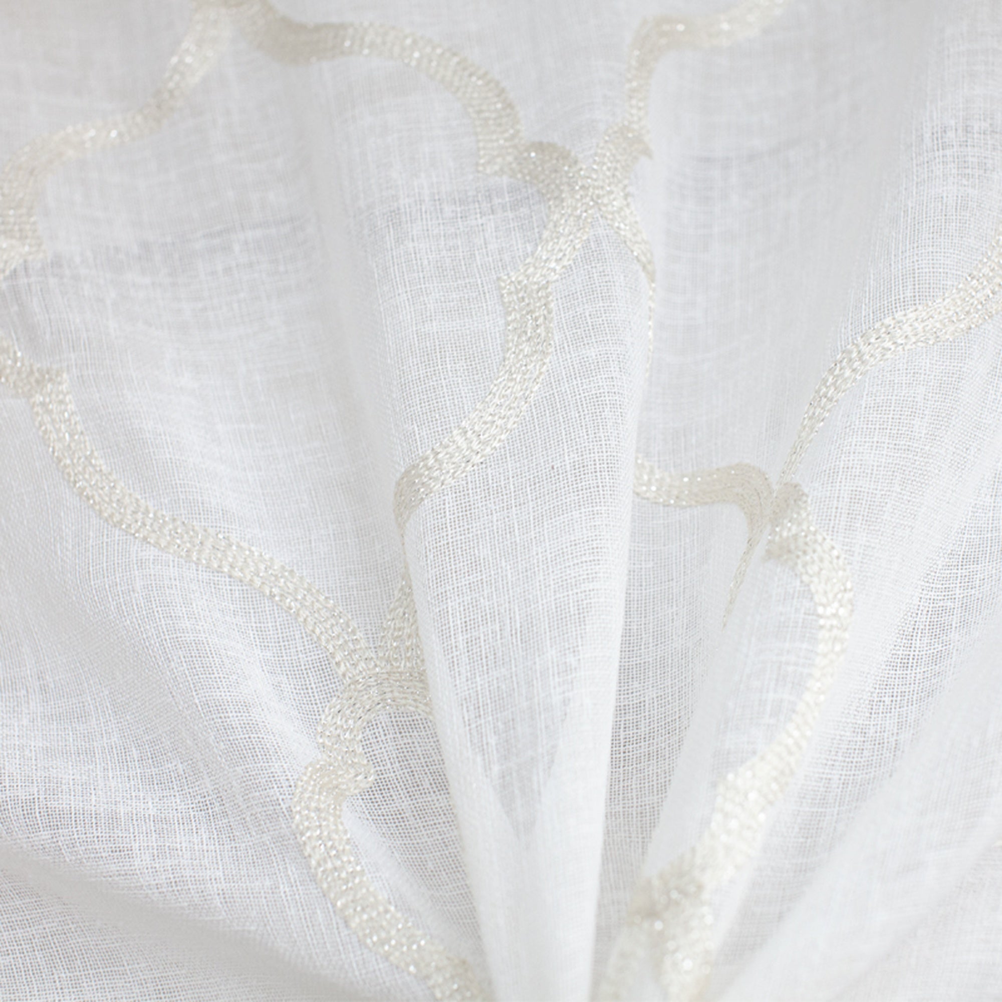 Merano fabric in color Silver/Metallic showcasing fabric embroidered metallic sheer drapery & curtain fabric.