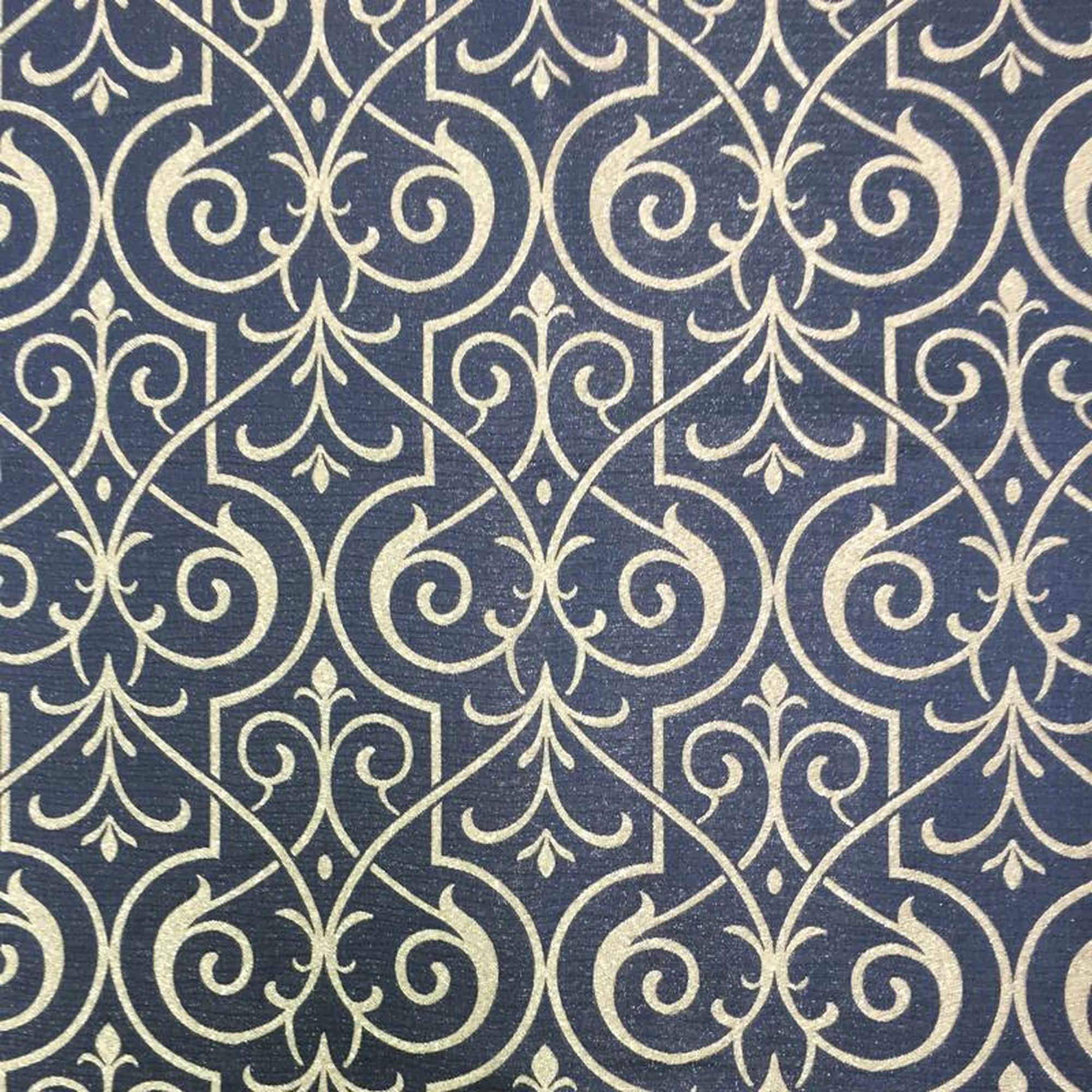 Royce fabric in color Blue/Silver showcasing fabric damask metallic drapery & curtain fabric.