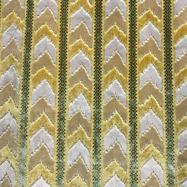 Sienna fabric in color Canary showcasing fabric chevron striped cut velvet upholstery fabric.