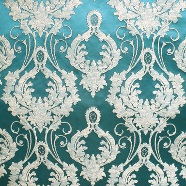 Stasia fabric in color Cerulean showcasing fabric traditional two-toned damask drapery & curtain fabric.