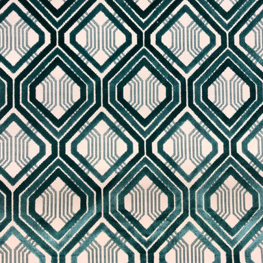 Stefano fabric in color Turquoise showcasing fabric geometric diamond shaped cut velvet upholstery fabric.
