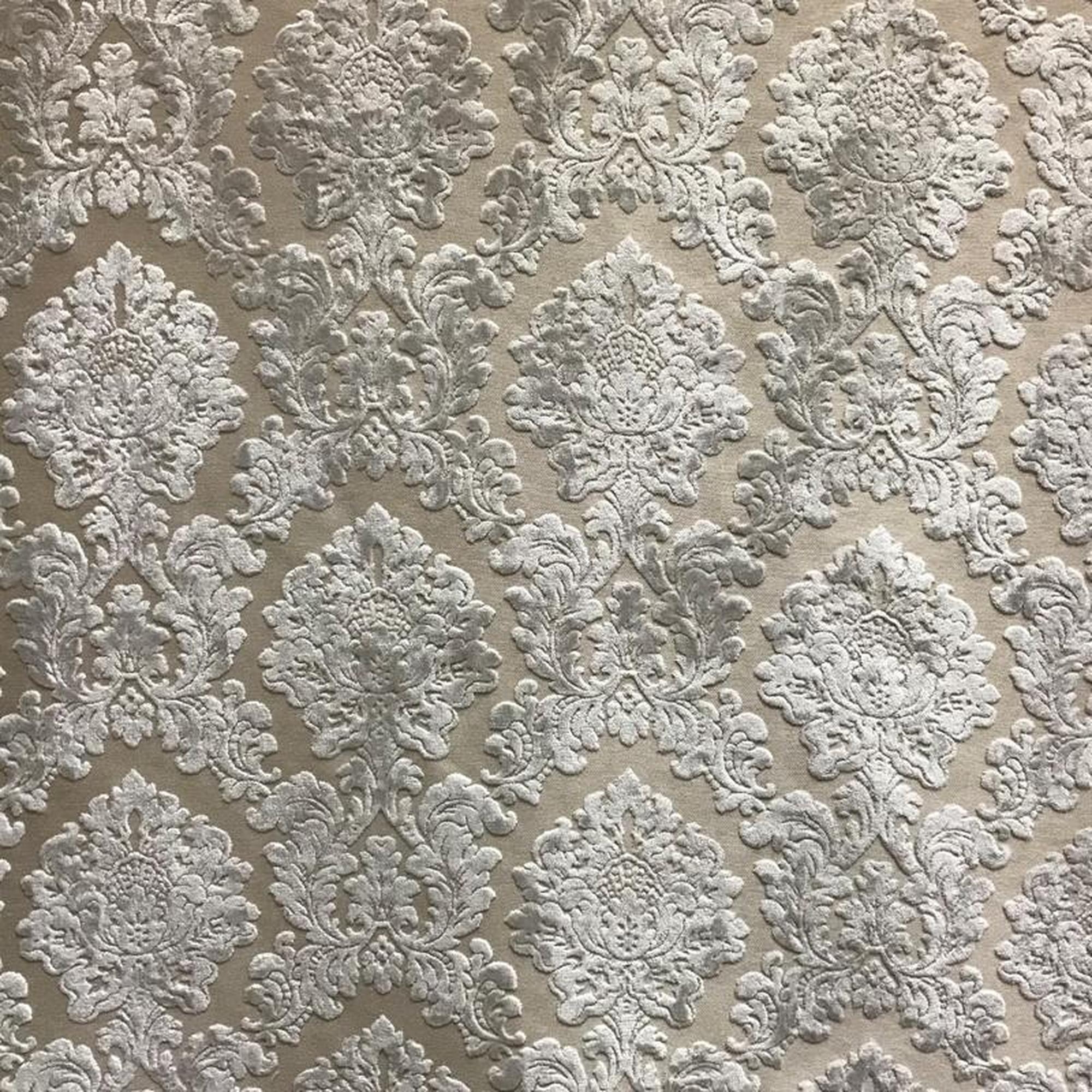Valentino fabric in color Silver showcasing fabric traditional damask cut velvet upholstery fabric & drapery & curtain fabric.