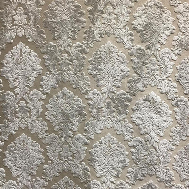 Valentino fabric in color Silver showcasing fabric traditional damask cut velvet upholstery fabric & drapery & curtain fabric.