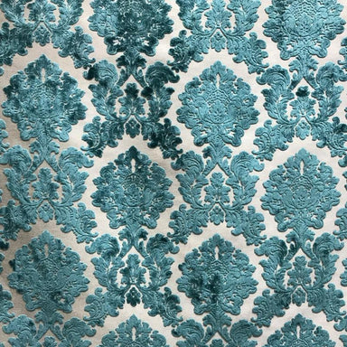 Valentino fabric in color Turquoise showcasing fabric traditional damask cut velvet upholstery fabric & drapery & curtain fabric.