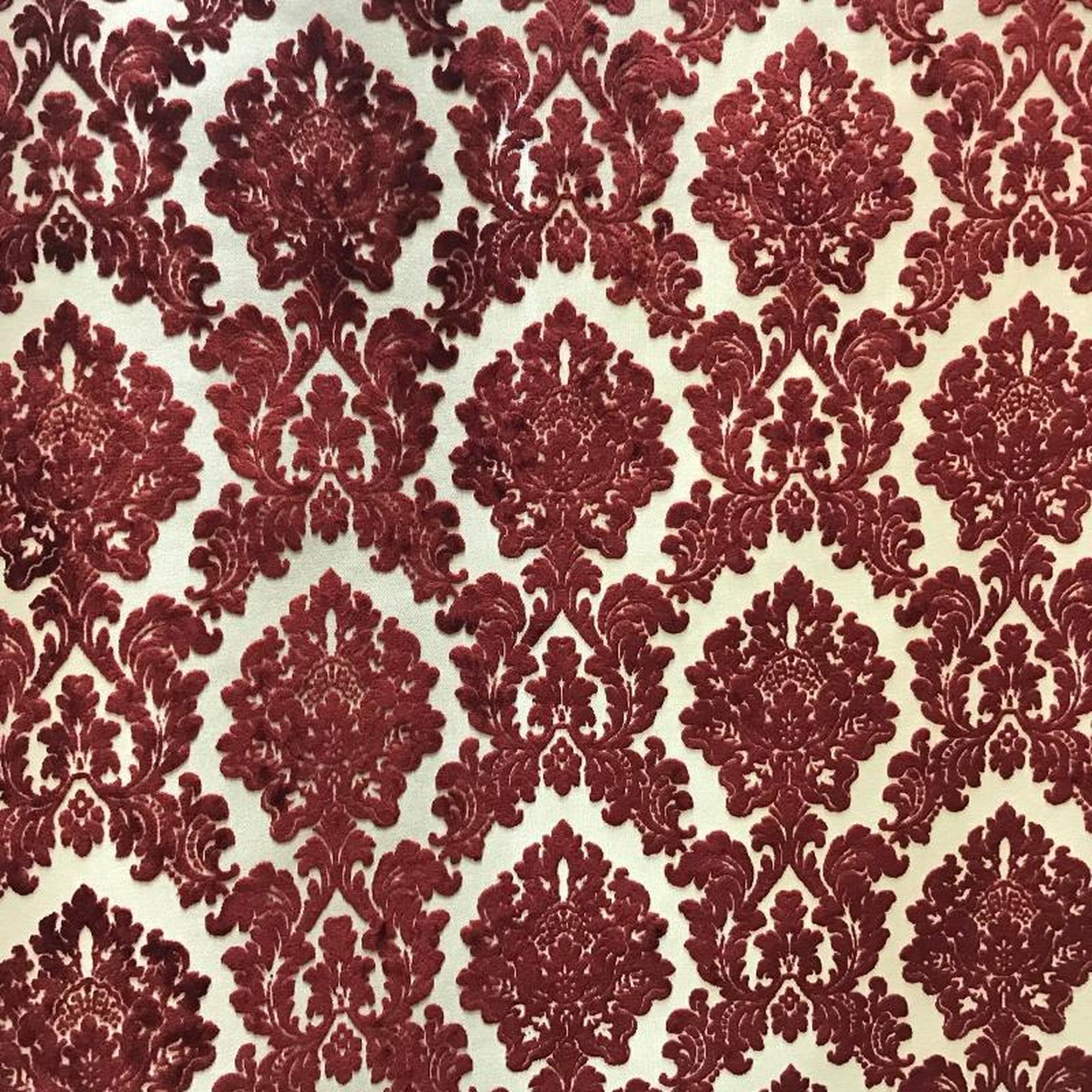 Valentino fabric in color Crimson showcasing fabric traditional damask cut velvet upholstery fabric & drapery & curtain fabric.