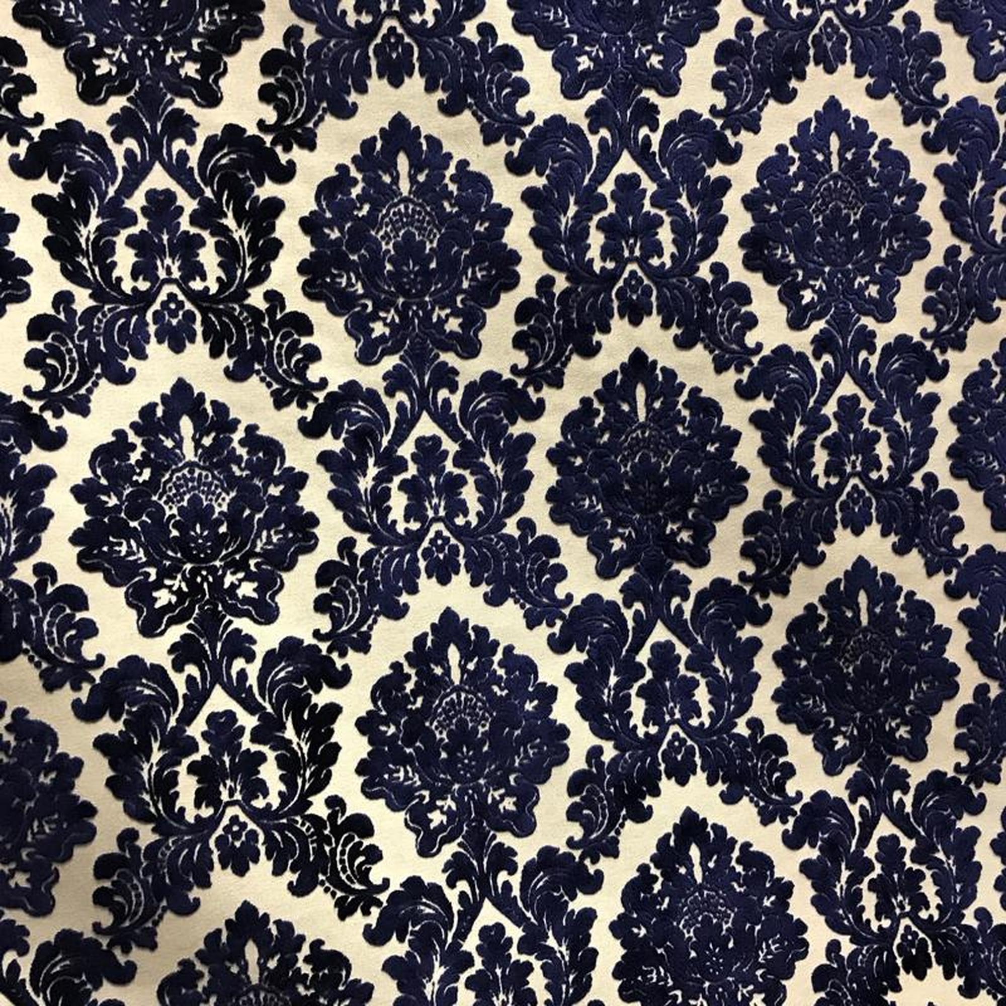 Valentino fabric in color Navy showcasing fabric traditional damask cut velvet upholstery fabric & drapery & curtain fabric.