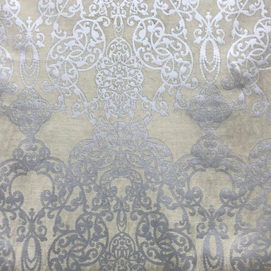Vince fabric in color Silver showcasing fabric damask foil print on velvet upholstery fabric.